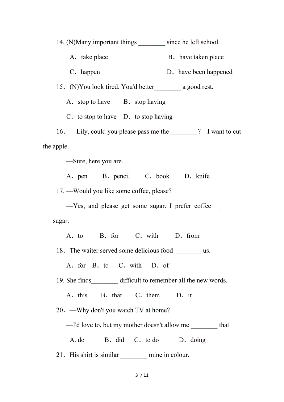 2020中考英语题型特训之单项选择专项训练（六）（有答案）_第3页