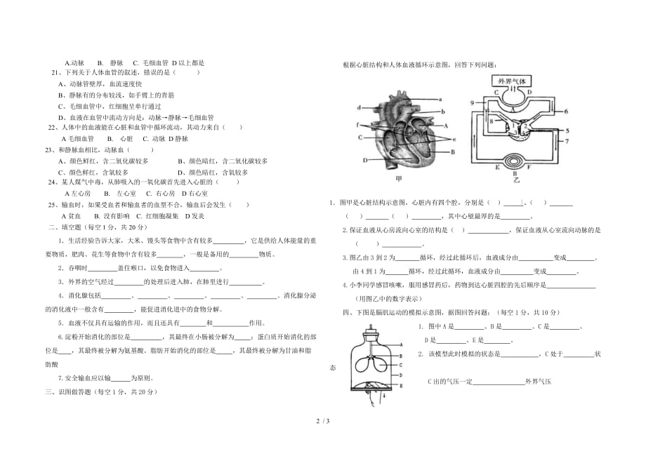 吉林市船营区2020年七年级下学期生物期中考试试题带答案_第2页