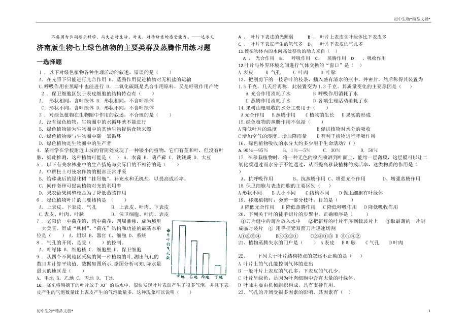 菏泽市牡丹区2021年 济南版生物七年级上册第二单元第一章第1、2节绿色植物的主要类群及蒸腾作用练习题（有答案）_第1页