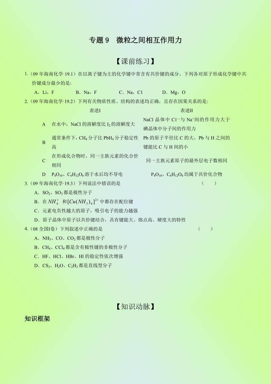 2010高考化学一轮复习精品资料+专题9+微粒之间相互作用力_第1页