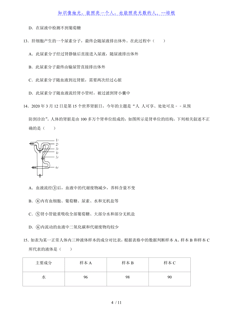 北师大版生物七年级下册第4单元第11章 人体代谢废物的排出 同步训练题（含答案）_第4页