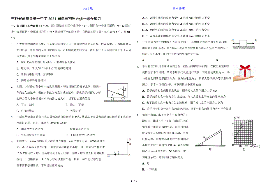 吉林省通榆县第一中学2021届高三物理必修一综合练习[001]_第1页