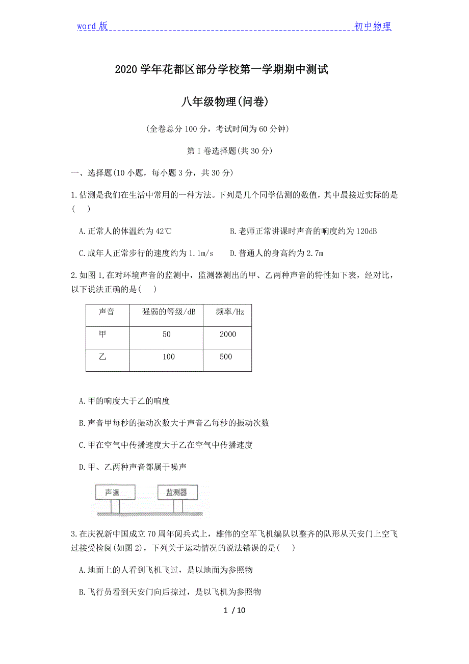 2020年广东省广州市花都区部分学校八年级期中考试物理试卷_第1页