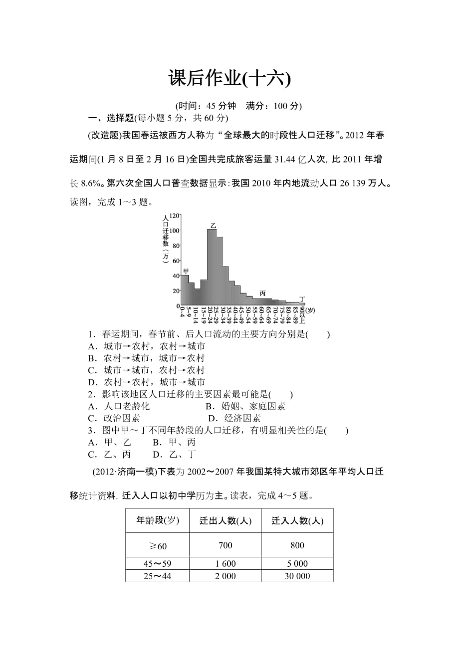 2014届山东高考地理一轮复习配套练习：课后作业 16(附详细解析)-人口_第1页