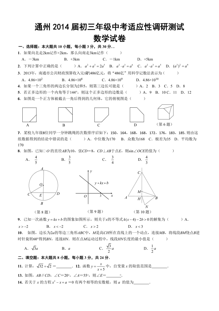 2014届南通市海门数学一模试卷_第1页