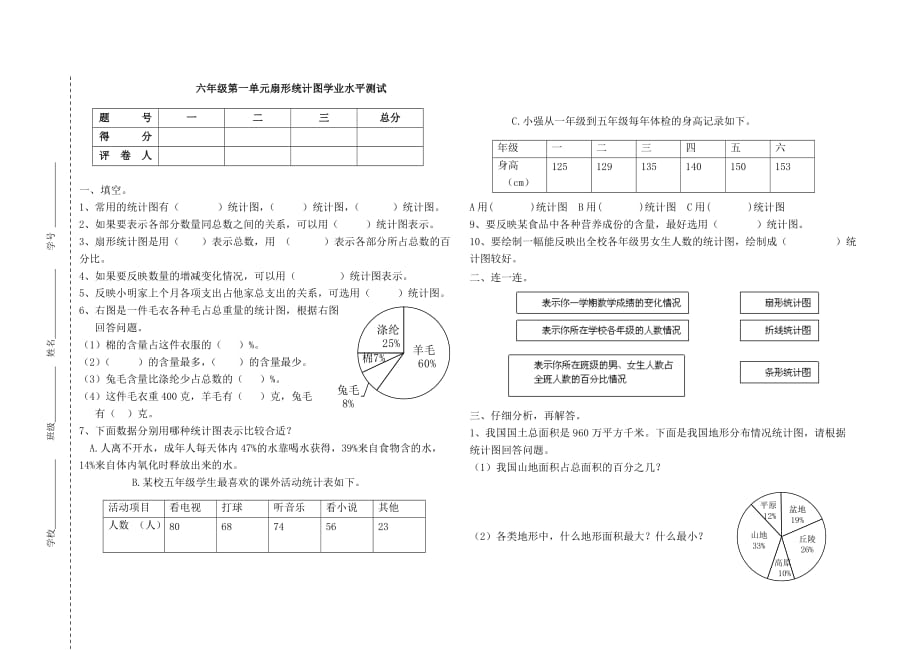 苏教版六年级下册第一单元扇形统计图试卷(1)_第1页