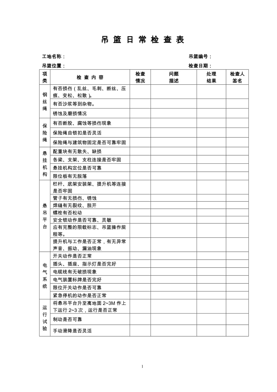 吊篮日常检查表1页_第1页