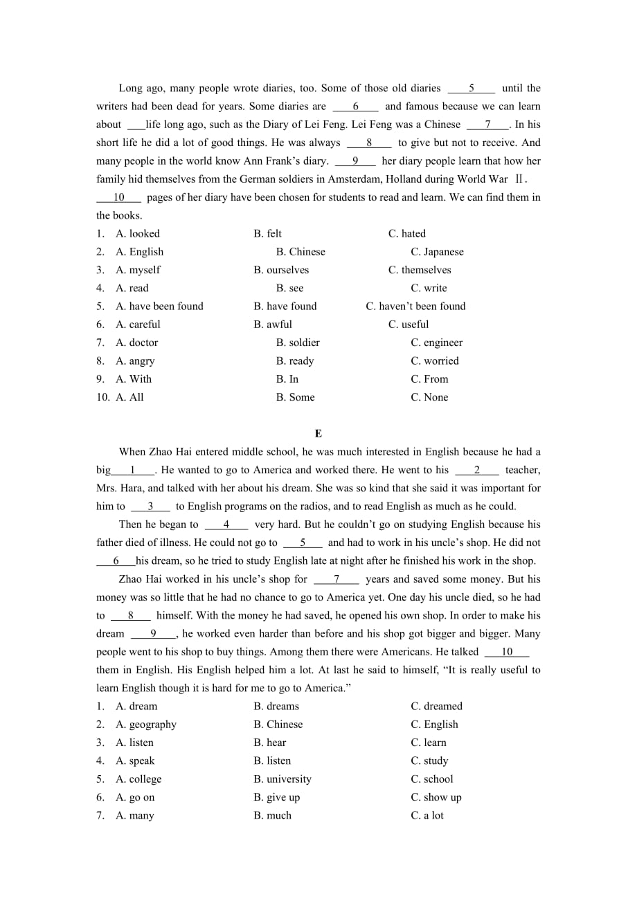 2010年中考英语总复习专题练习——完形填空_第3页