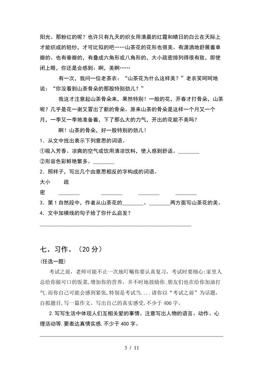 2021年六年级语文下册二单元考试卷及参考答案(2套)_第3页