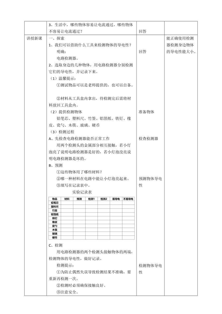 教科版四年级科学下册2.6《导体和绝缘体》教案_第2页