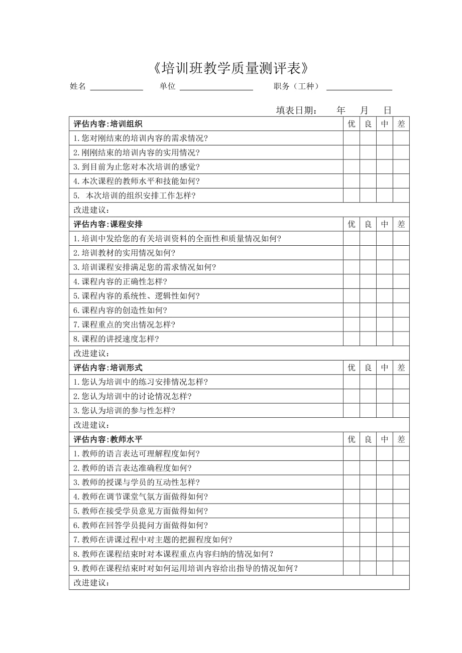 《培训班教学质量测评表》1页_第1页