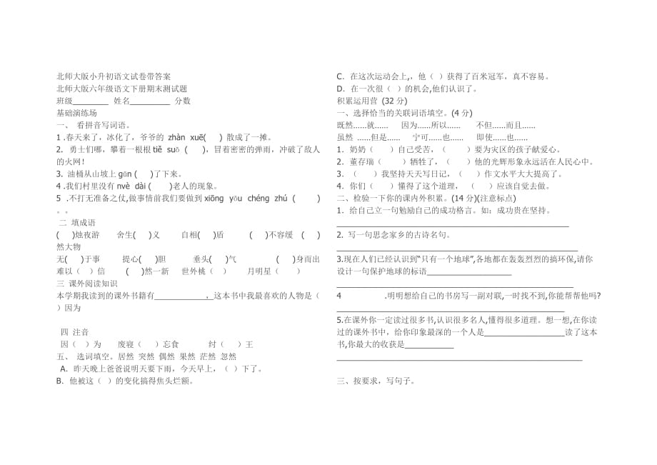 北师大版小升初语文试卷带答案8页_第1页