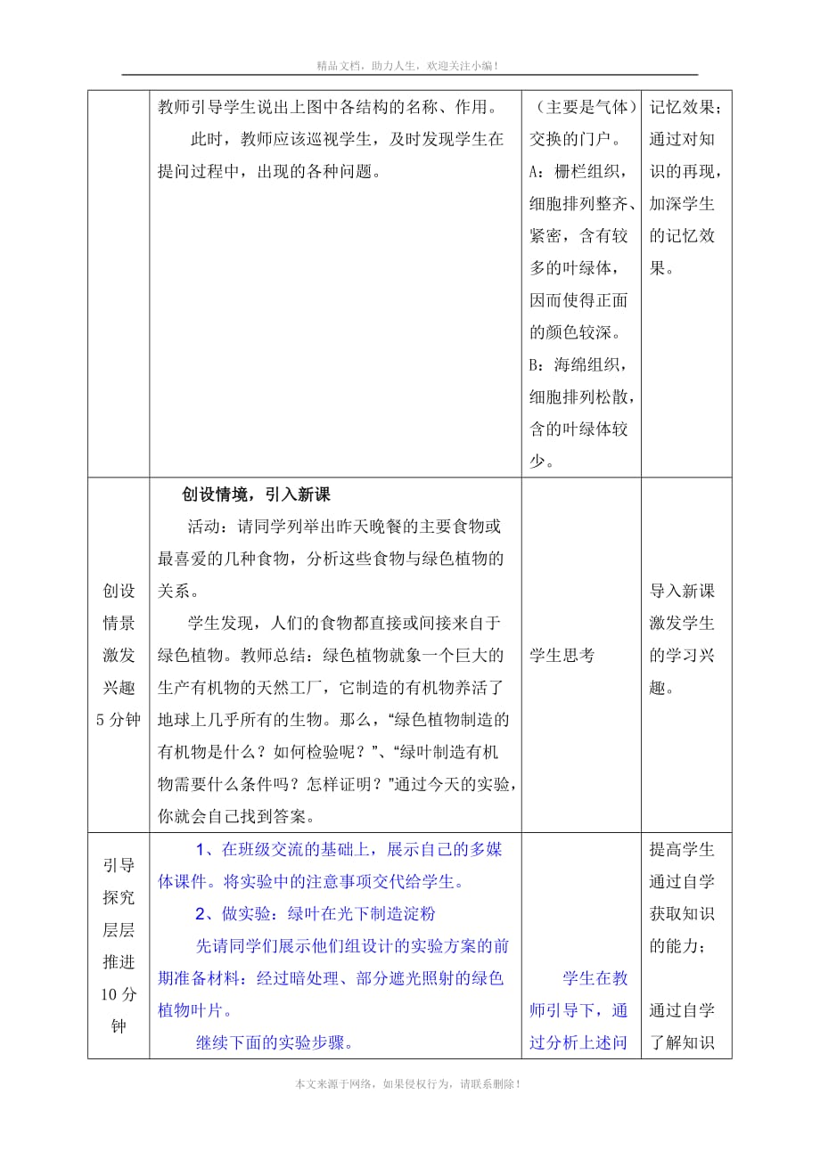 济南版七年级生物上册1-3绿色植物的光合作用(1) 教案_第3页