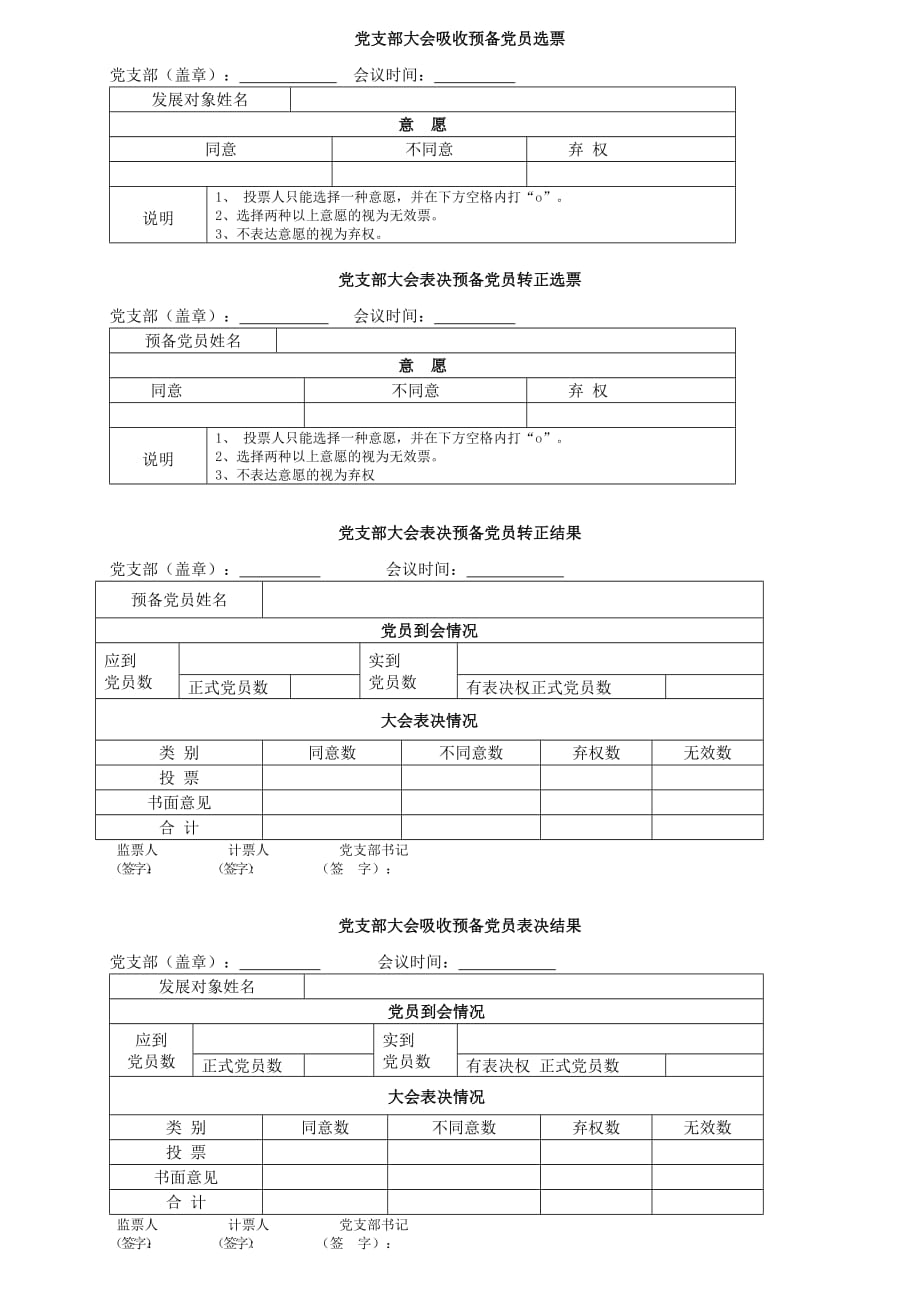 党支部大会吸收预备党员选票3页_第1页