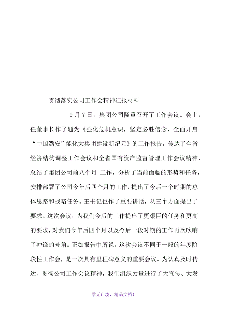 贯彻落实公司工作会精神汇报材料(WORD版)_第2页