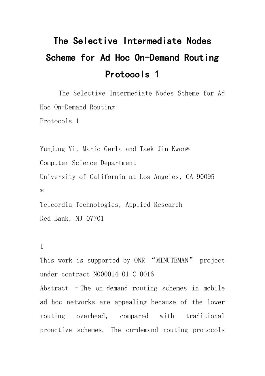 The Selective Intermediate Nodes Scheme for Ad Hoc On-Demand Routing Protocols 1_第1页