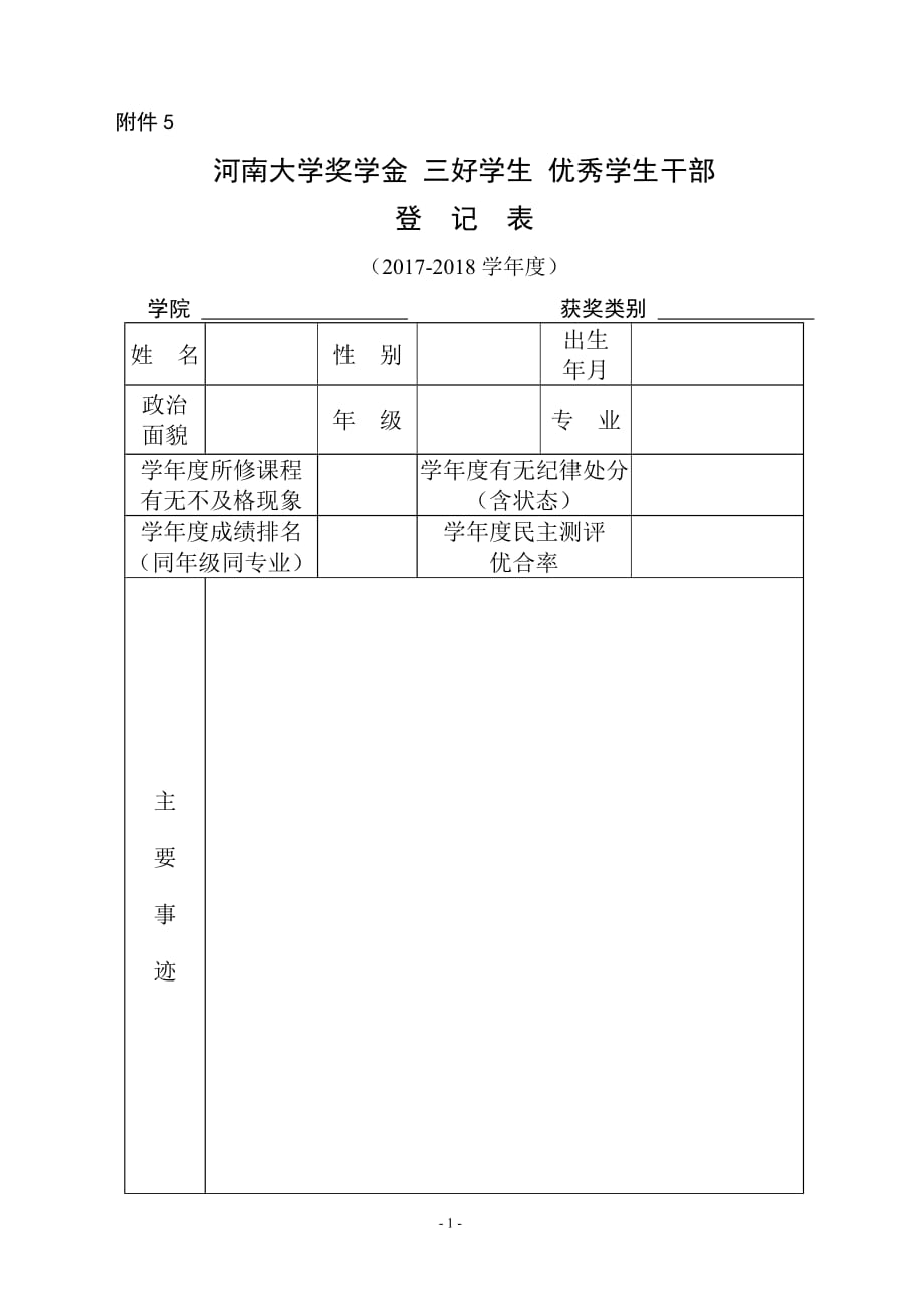 河南大学奖学金-三好学生-优秀学生干部登记表_第1页