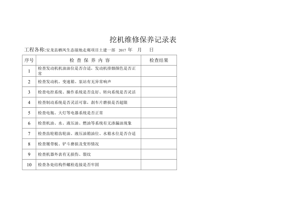 挖掘机日巡检及维修保养记录表3页_第1页