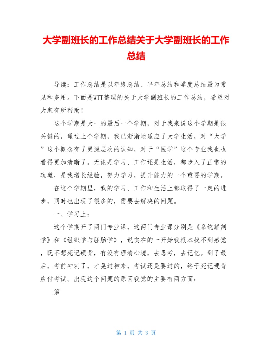 大学副班长的工作总结关于大学副班长的工作总结_第1页