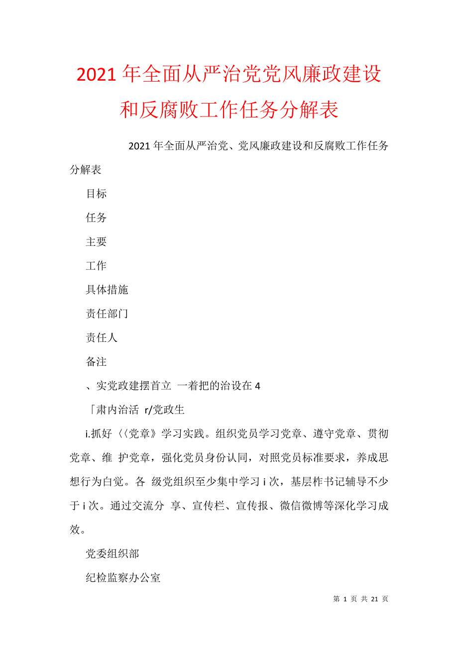 2021年全面从严治党党风廉政建设和反腐败工作任务分解表_第1页