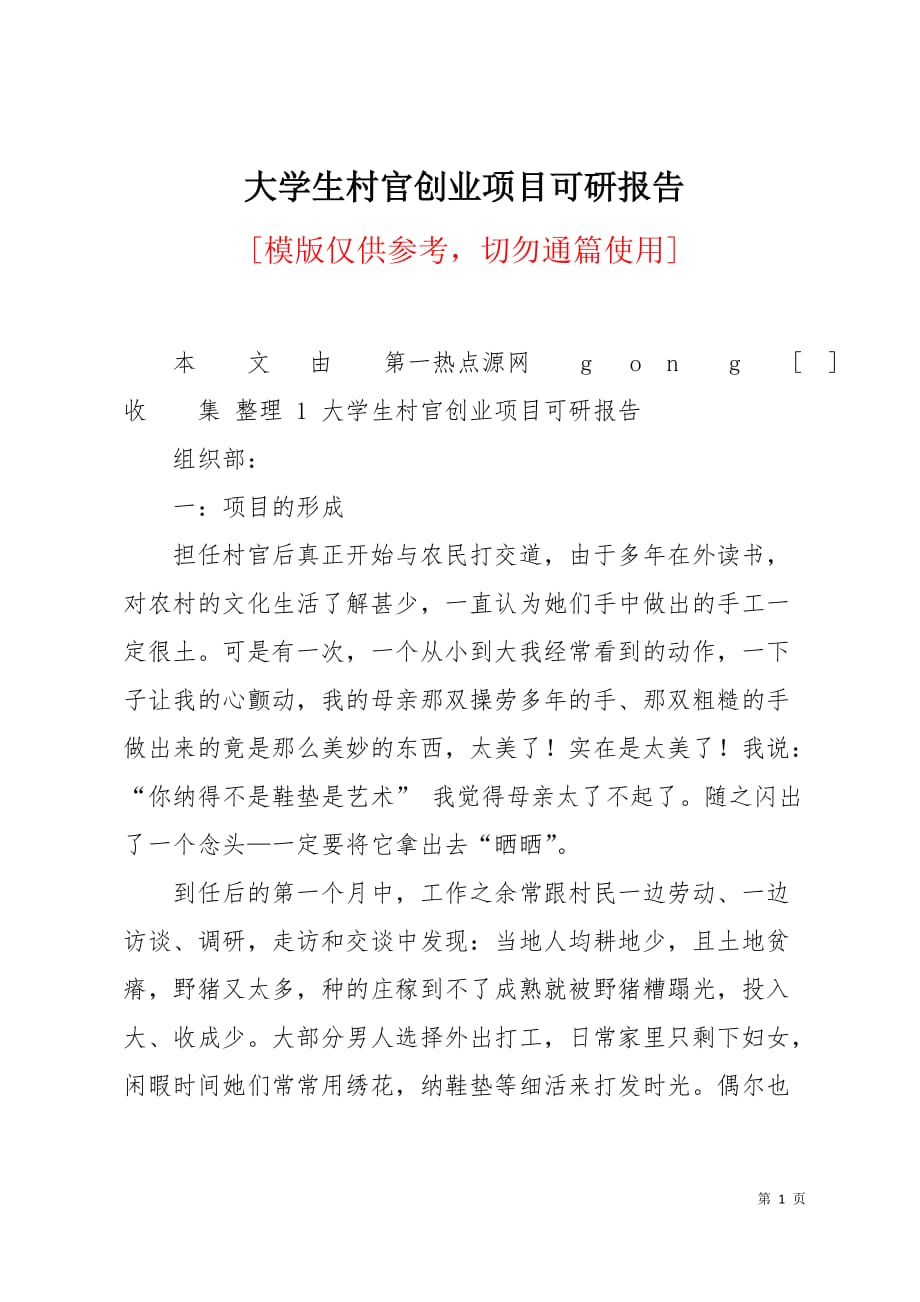 大学生村官创业项目可研报告7页_第1页