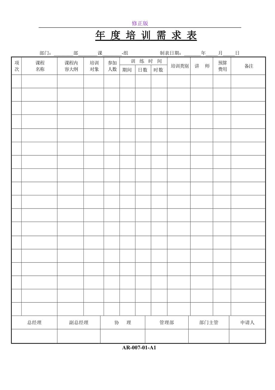 01年度培训需求表-新修正版_第1页