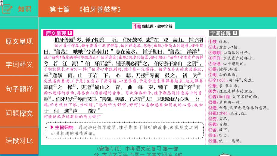 【最新】（安徽专用）中考语文总复习 第一部分 古诗文阅读 专题一 文言文阅读《伯牙善鼓琴》课件-人教级全册语文课件_第3页