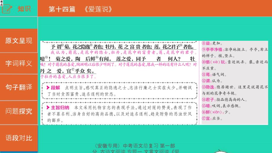 【最新】（安徽专用）中考语文总复习 第一部分 古诗文阅读 专题一 文言文阅读《爱莲说》课件-人教级全册语文课件_第4页