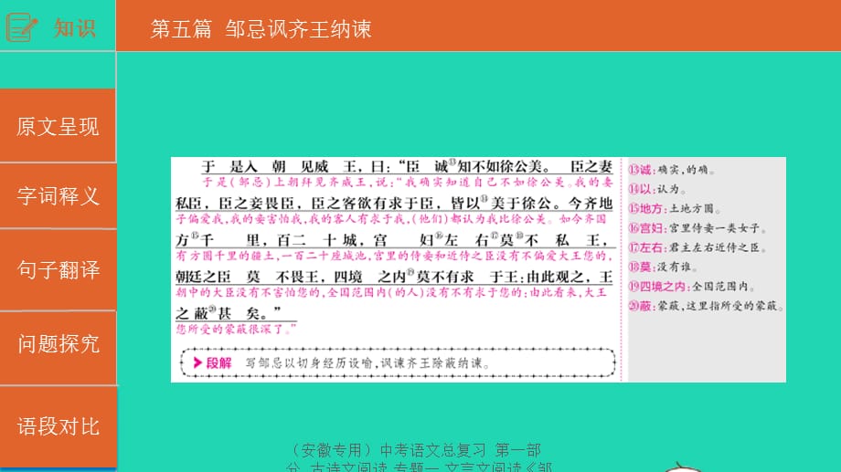 【最新】（安徽专用）中考语文总复习 第一部分 古诗文阅读 专题一 文言文阅读《邹忌讽齐王纳谏》课件-人教级全册语文课件_第4页