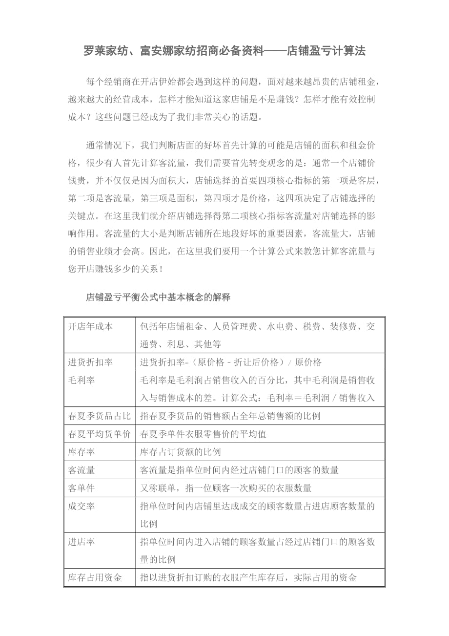 [精选]罗莱家纺、富安娜家纺招商必备资料——店铺盈亏计算法_第1页