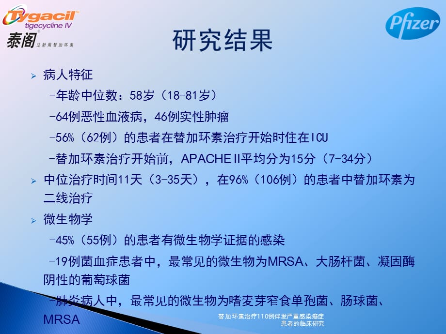 替加环素治疗110例伴发严重感染癌症患者的临床研究课件_第3页