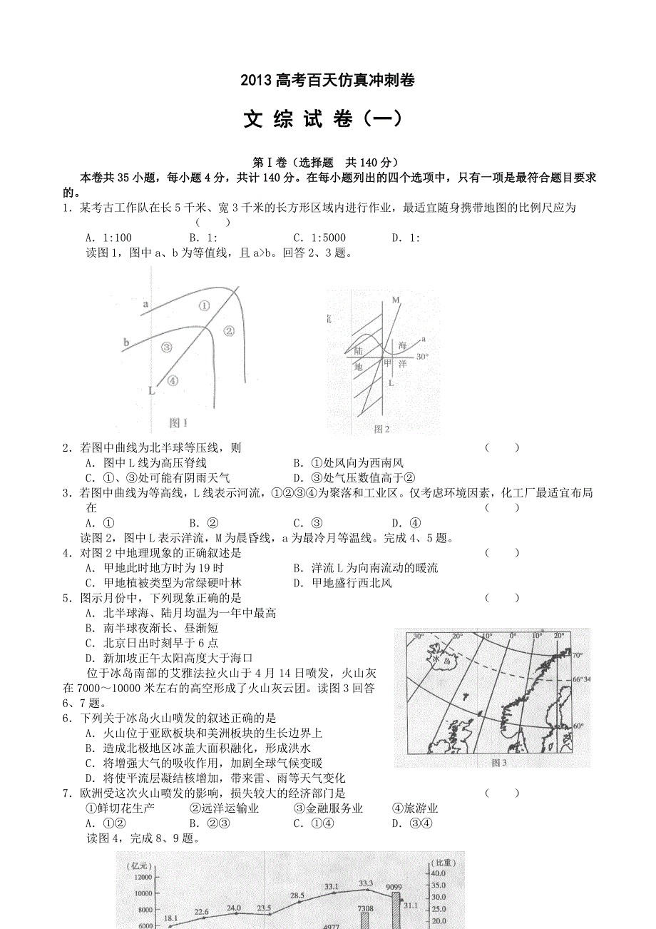 2013高考百天仿真冲刺卷(文综试卷一)_第1页