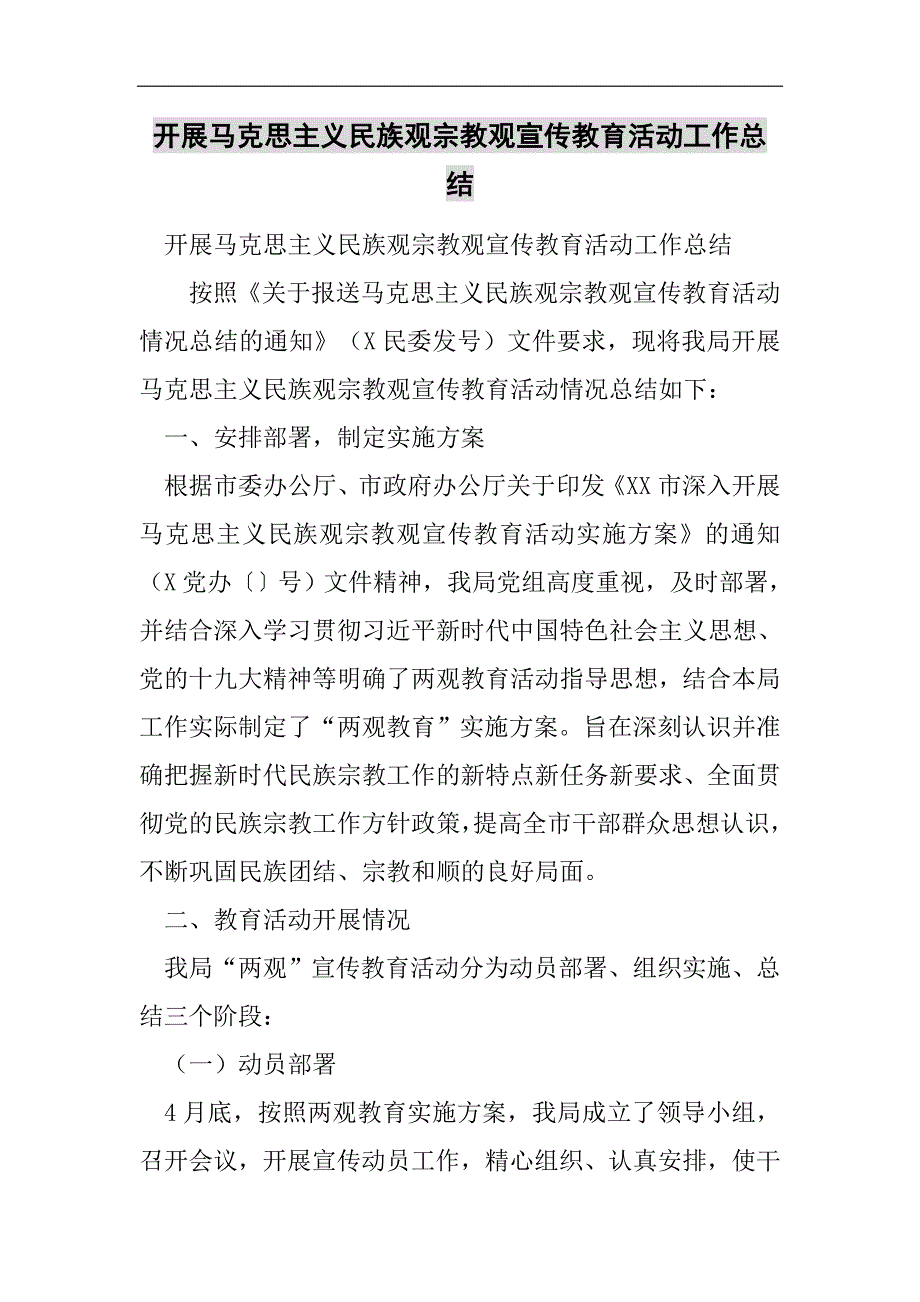 开展马克思主义民族观宗教观宣传教育活动工作总结2021精选WORD_第1页