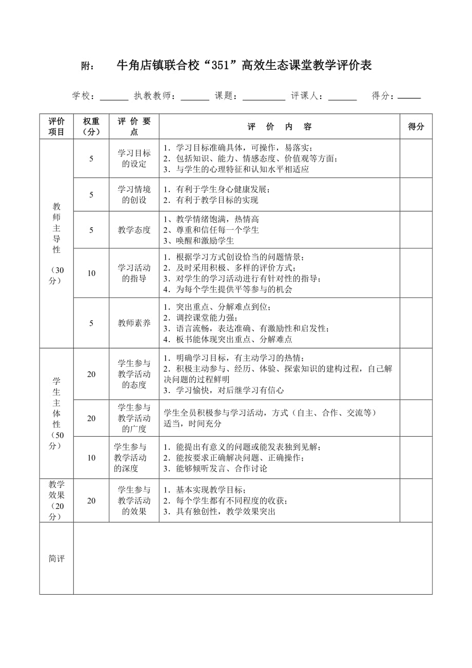 学校高效生态课堂教学评价表_第1页