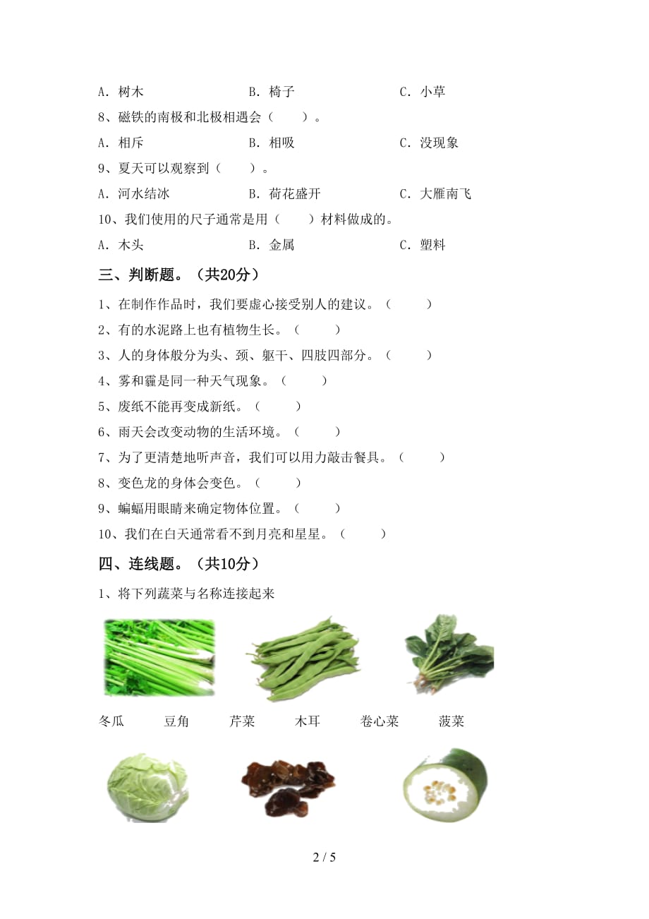 新教科版二年级科学下册期中试卷及答案【新教科版】_第2页