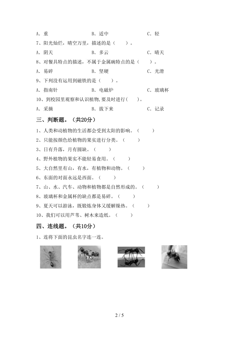 湘教版二年级科学下册期中试卷（完整）_第2页