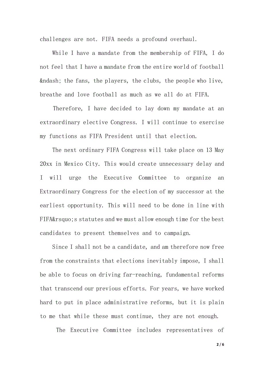国际足联主席塞普·布拉特辞职演讲（2021年整理）_第2页