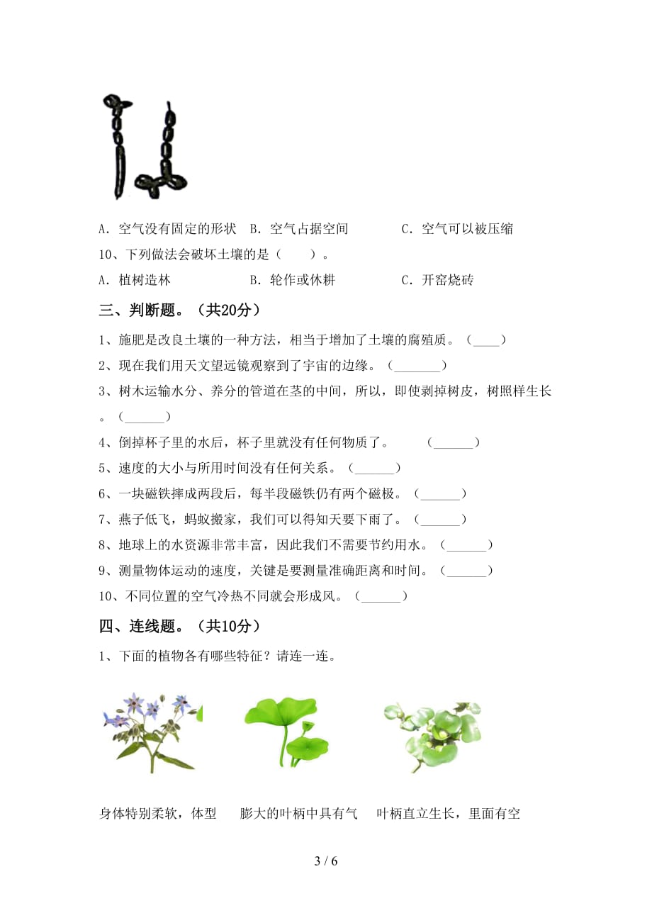 新教科版三年级科学下册第一次月考考试卷及参考答案_第3页