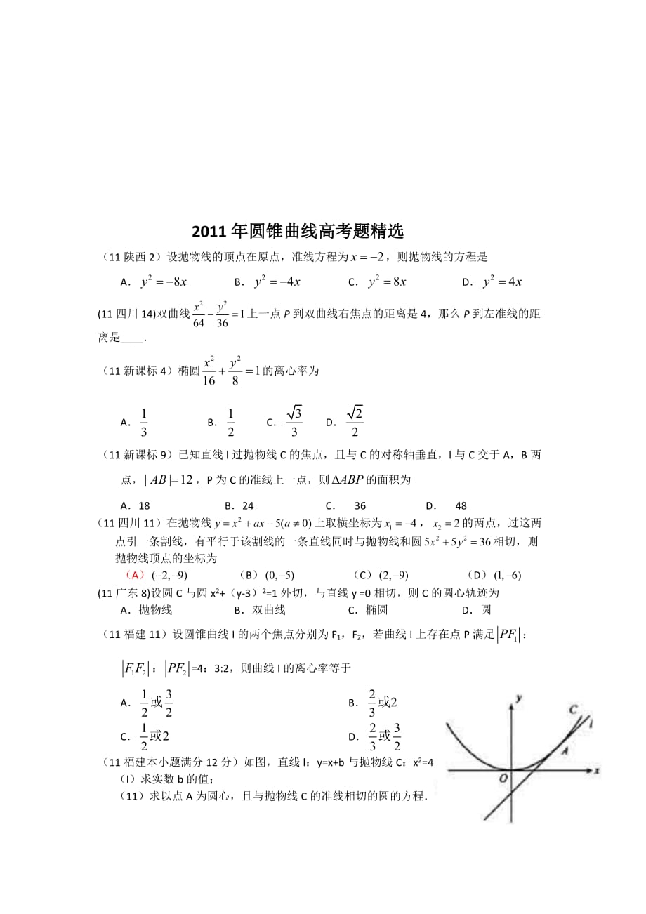2011圆锥曲线高考题精选(文科)6页_第1页