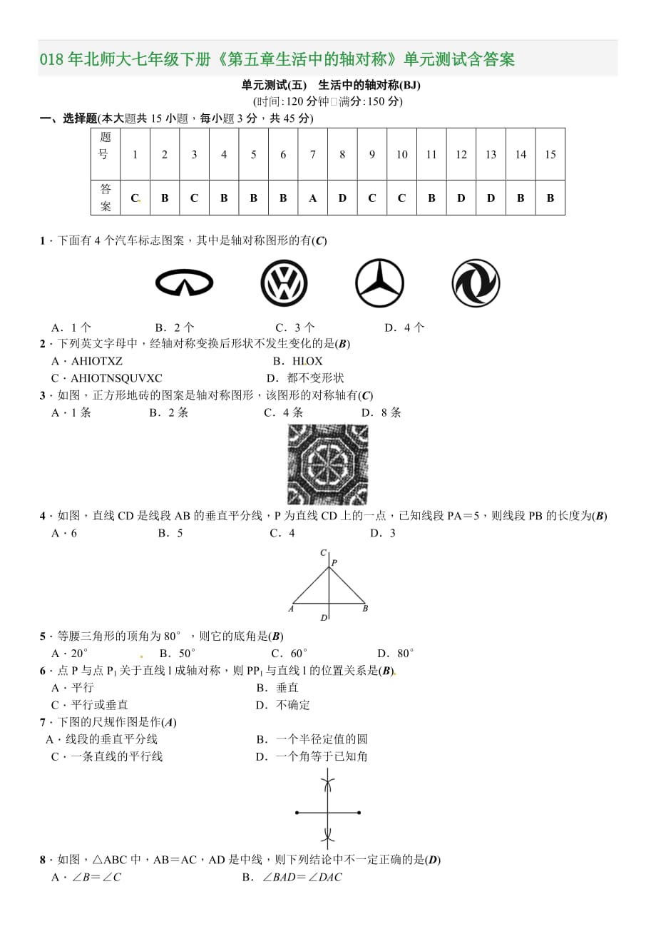 018年北师大七年级下册《第五章生活中的轴对称》单元测试含答案5页_第1页