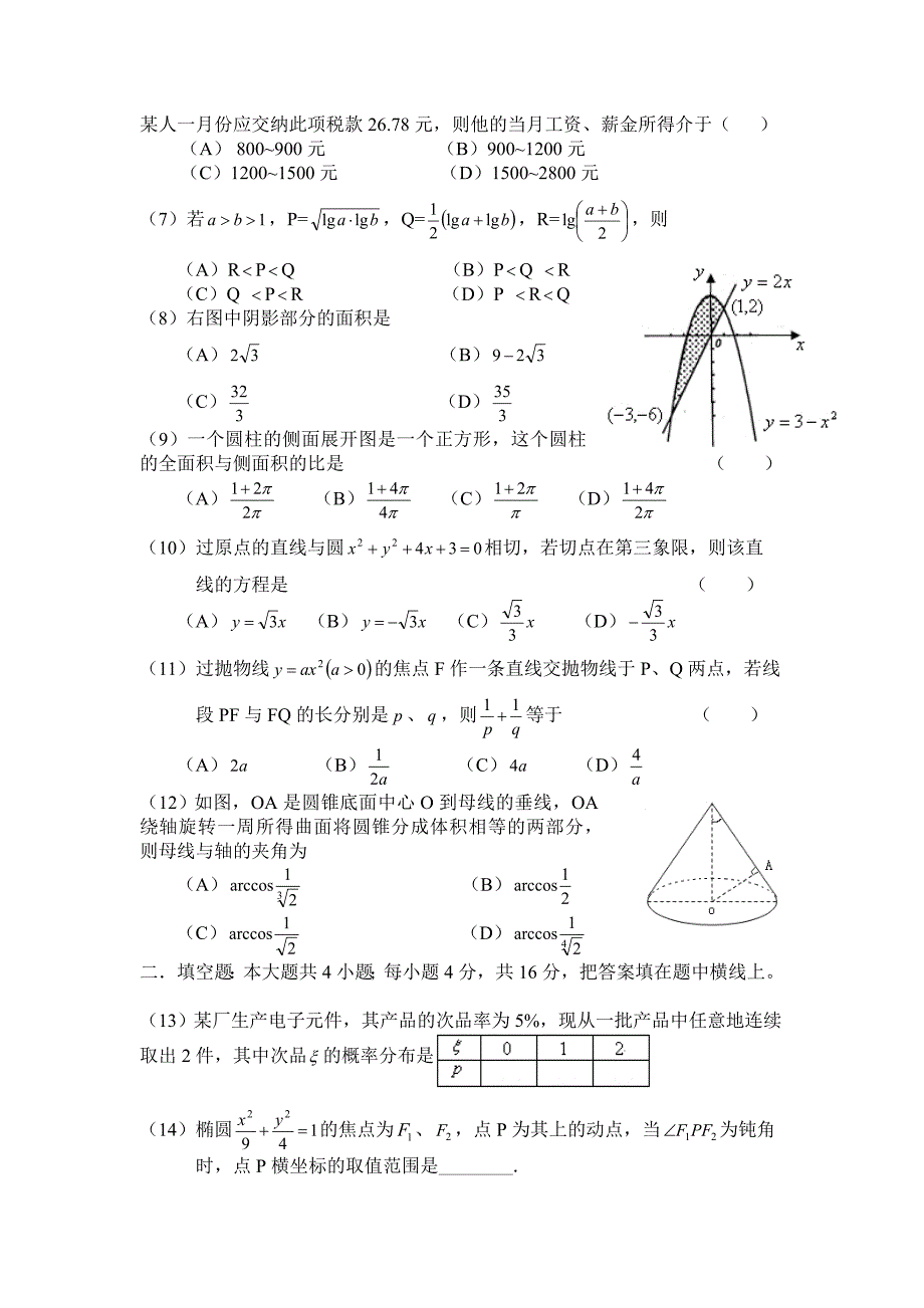 2000年全国高考数学试题理科数学(江西、天津)卷12页_第2页