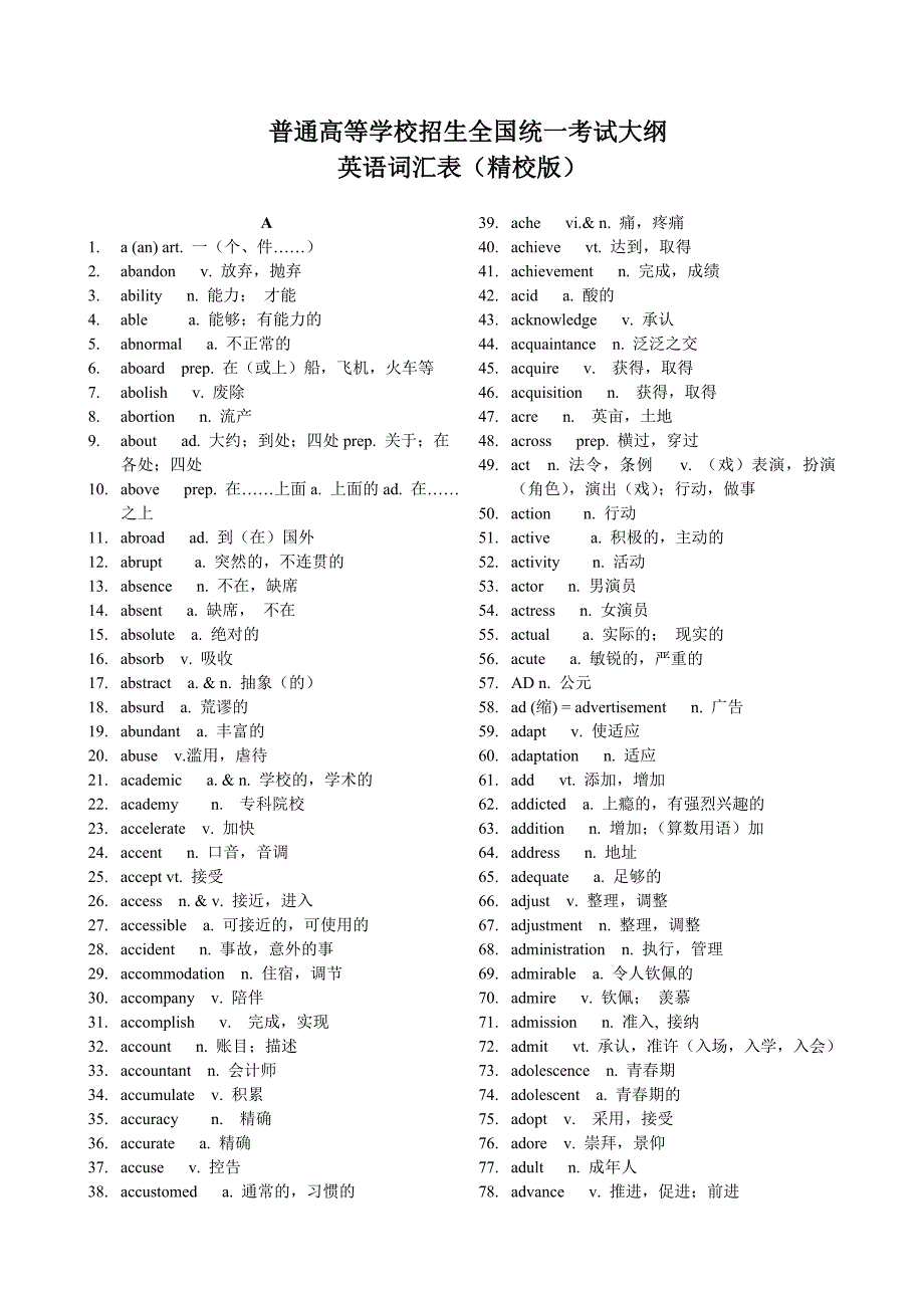 (已排序)2018年全国高考英语大纲词汇(精校版)48页_第1页