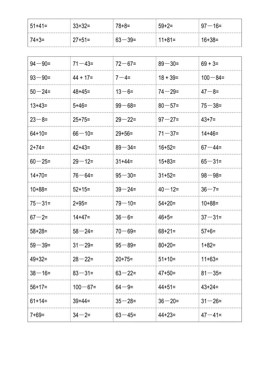 100以内加减法口算题卡-——打印表格格式修正版(小学一年级下册数学18页18页_第5页