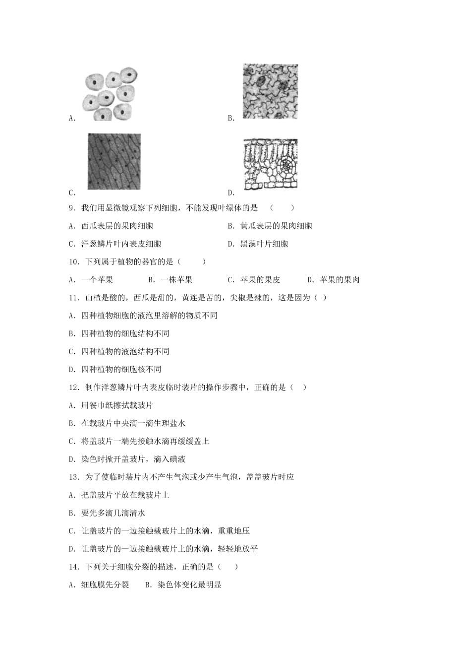 人教版中考生物《生物体的层次结构》专项练习题（含答案）_第2页