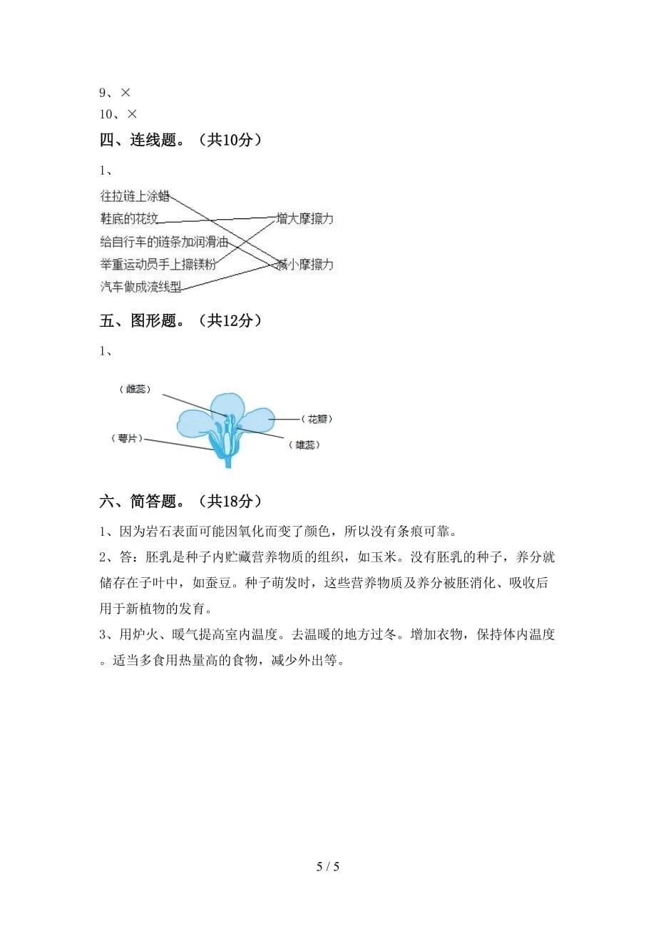 人教版四年级科学(下册)第一次月考试卷及答案（下载）_第5页