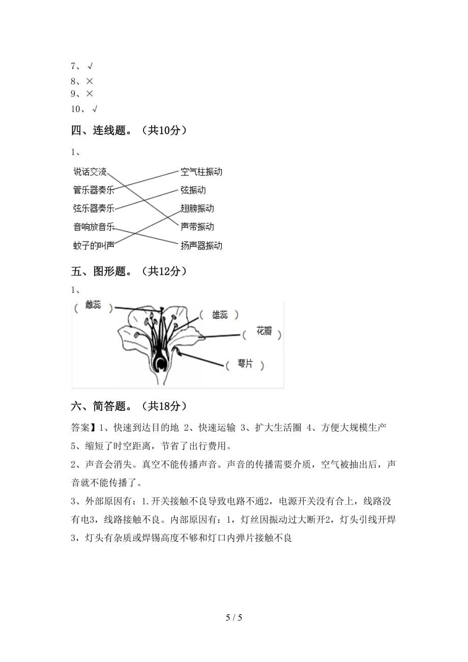 2021年教科版四年级科学(下册)第一次月考试卷及答案（完整）_第5页