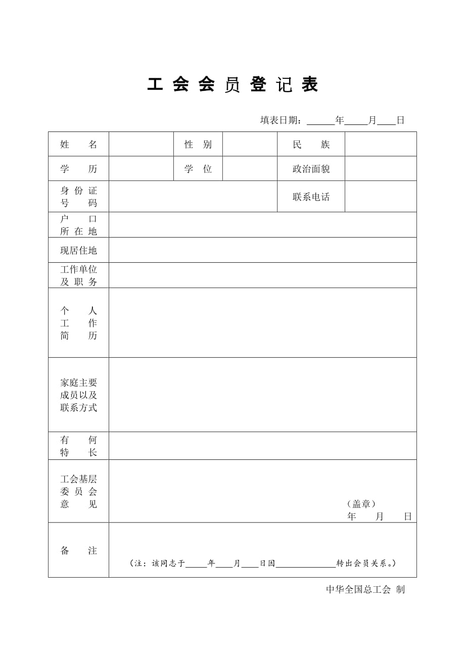 工会会员登记表和中华全国总工会入会申请书_第1页