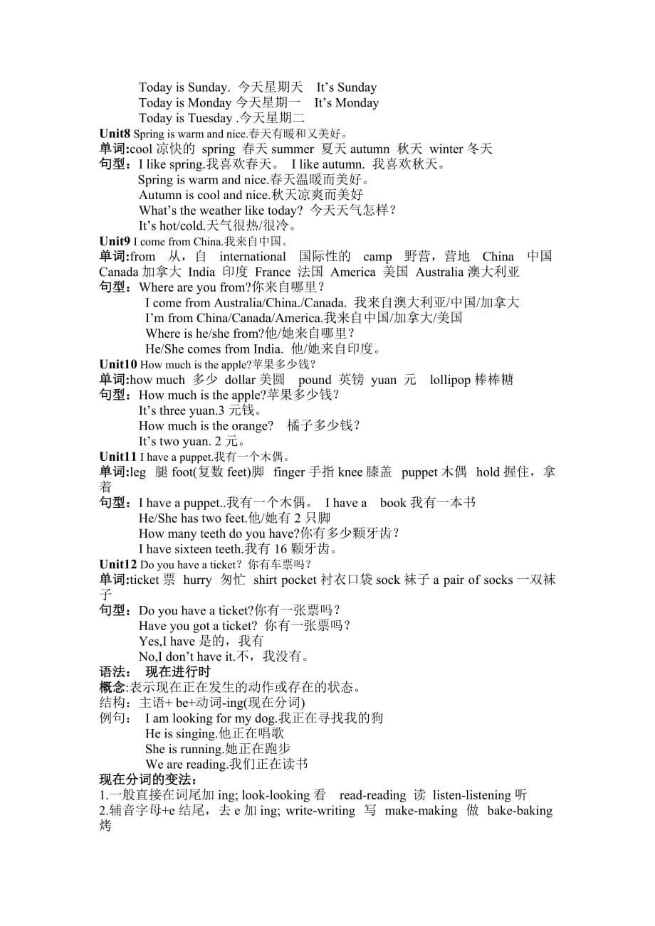 湘少版英语四年级下册复习重点12页_第2页