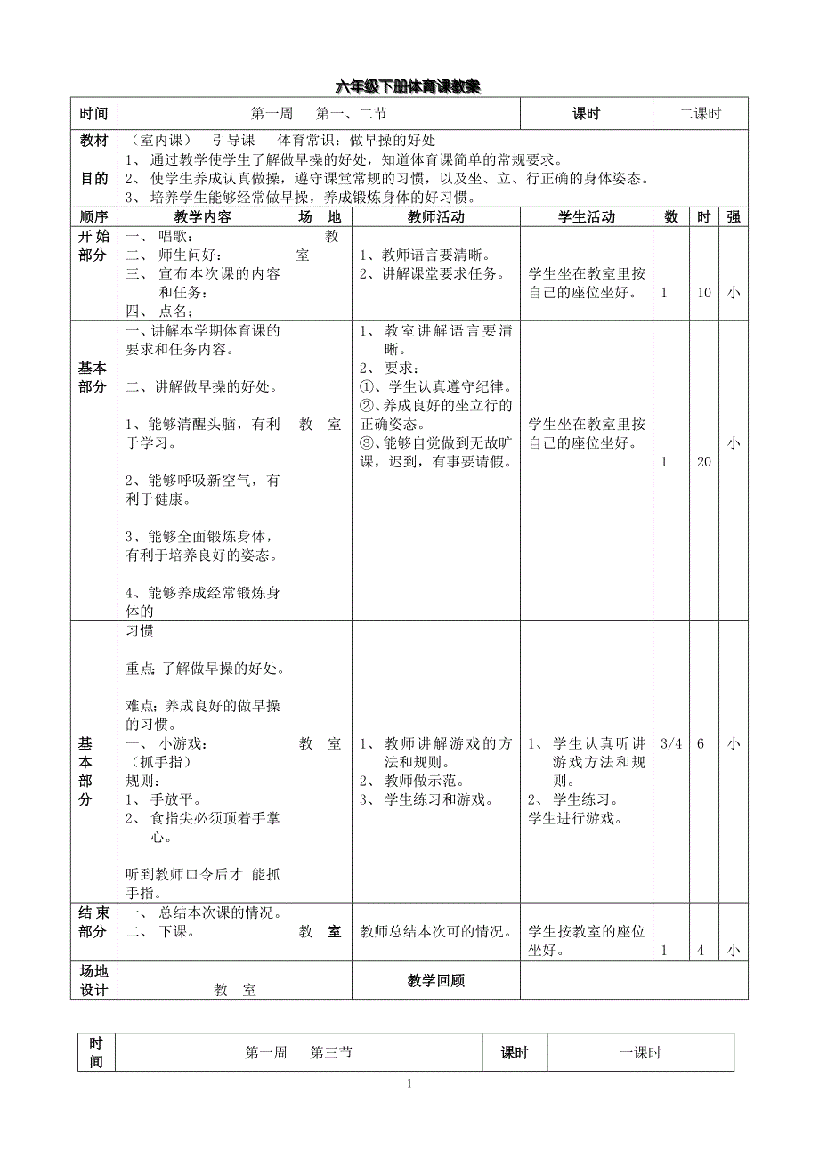 人教版六年级下册体育教案（表格全套）_第1页