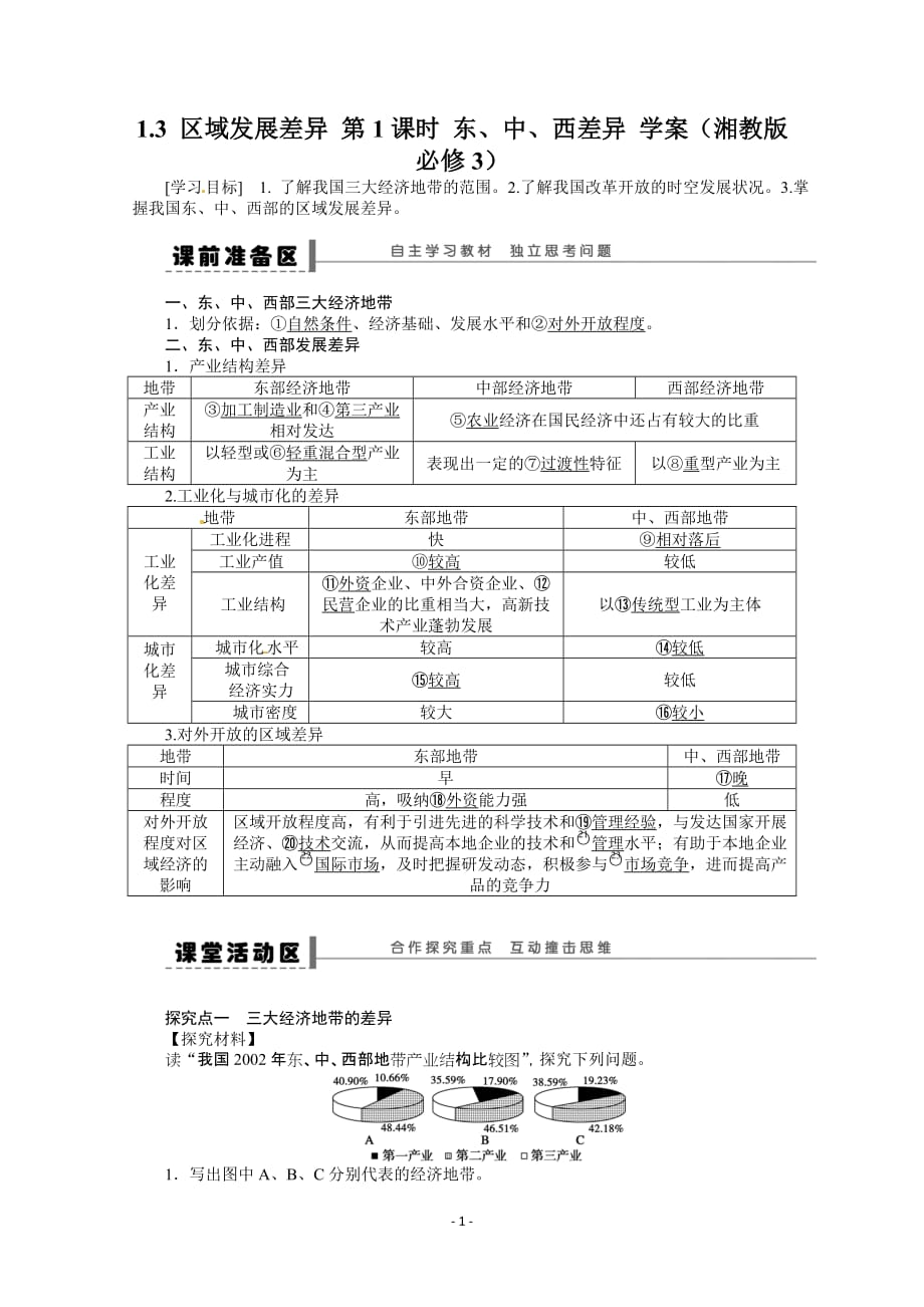 高二地理学案 1.3 区域发展差异 第1课时 东、中、西差异_第1页